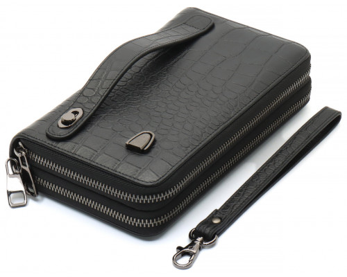 Чорний гаманець-клатч на дві блискавки із фактурної натуральної шкіри Marco Coverna MCJP-5902B