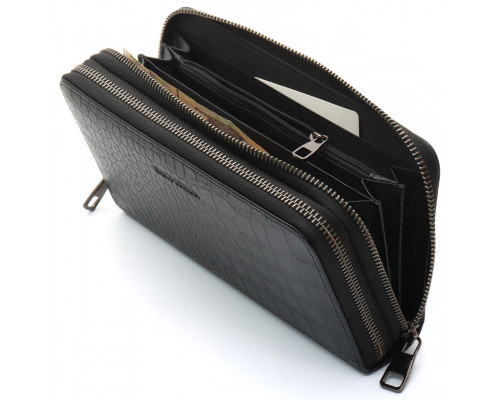 Чорний гаманець-клатч на дві блискавки із фактурної натуральної шкіри Marco Coverna MCJP-5902B