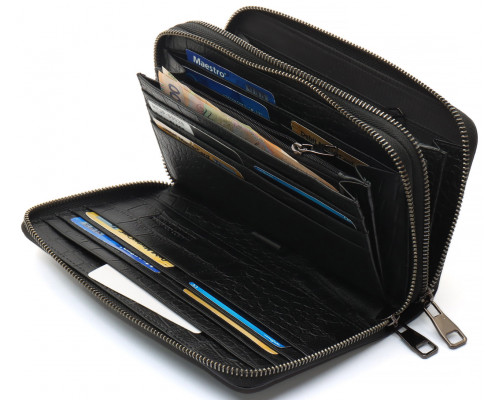 Чорний гаманець-клатч на дві блискавки із фактурної натуральної шкіри Marco Coverna MCJP-5902B