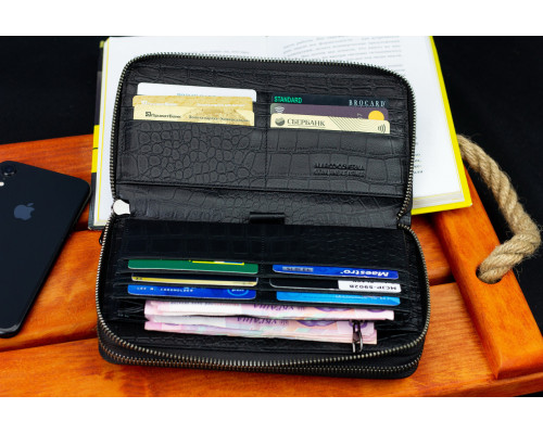 Чорний гаманець-клатч на дві блискавки із фактурної натуральної шкіри Marco Coverna MCJP-5902B