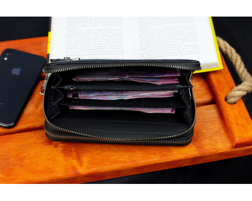 Чорний гаманець-клатч на дві блискавки із фактурної натуральної шкіри Marco Coverna MCJP-5902B