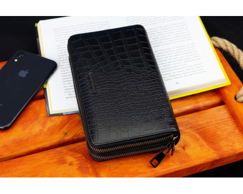 Чорний гаманець-клатч на дві блискавки із фактурної натуральної шкіри Marco Coverna MCJP-5902B