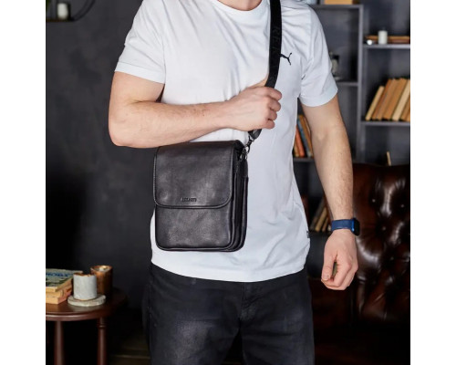Месенджер із клапаном через плече 24х20х6, шкіряна барсетка Tiding Bag TD-20033 чорна