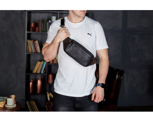 Сумка-бананка для телефону 11х25х8, стильний слінг із натуральної гладкої шкіри TD-31848 чорний