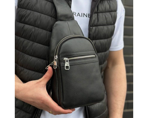 Чоловіча сумка-бананка через плече 18х32х7, рюкзак унісекс на груди з натуральної шкіри TIDING BAG 3280 чорний