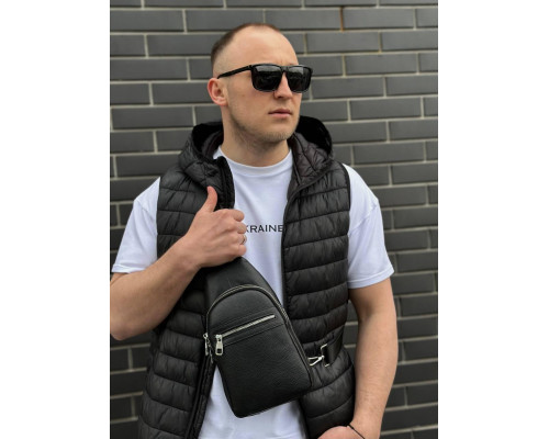 Чоловіча сумка-бананка через плече 18х32х7, рюкзак унісекс на груди з натуральної шкіри TIDING BAG 3280 чорний