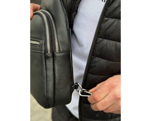 Чоловіча сумка-бананка через плече 18х32х7, рюкзак унісекс на груди з натуральної шкіри TIDING BAG 3280 чорний