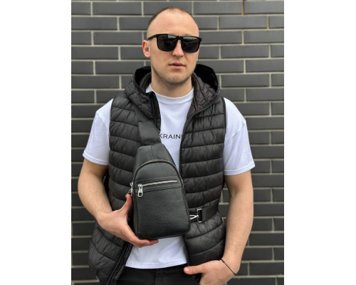 Чоловіча сумка-бананка через плече 18х32х7, рюкзак унісекс на груди з натуральної шкіри TIDING BAG 3280 чорний