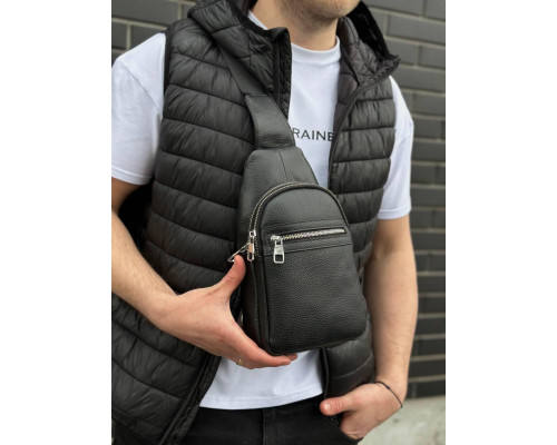 Чоловіча сумка-бананка через плече 18х32х7, рюкзак унісекс на груди з натуральної шкіри TIDING BAG 3280 чорний