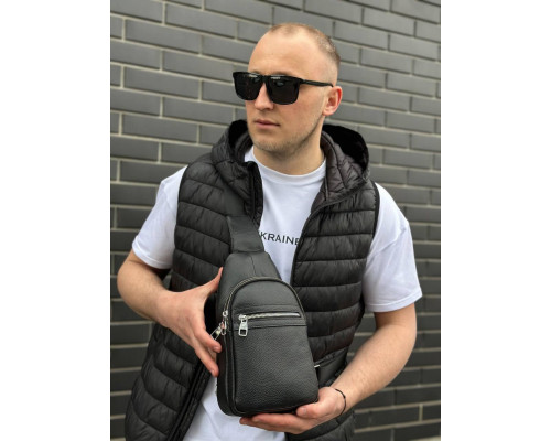 Чоловіча сумка-бананка через плече 18х32х7, рюкзак унісекс на груди з натуральної шкіри TIDING BAG 3280 чорний