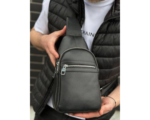 Чоловіча сумка-бананка через плече 18х32х7, рюкзак унісекс на груди з натуральної шкіри TIDING BAG 3280 чорний