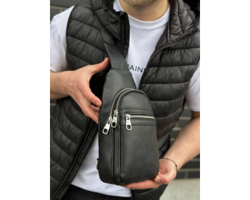 Чоловіча сумка-бананка через плече 18х32х7, рюкзак унісекс на груди з натуральної шкіри TIDING BAG 3280 чорний