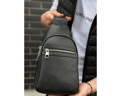 Чоловіча сумка-бананка через плече 18х32х7, рюкзак унісекс на груди з натуральної шкіри TIDING BAG 3280 чорний