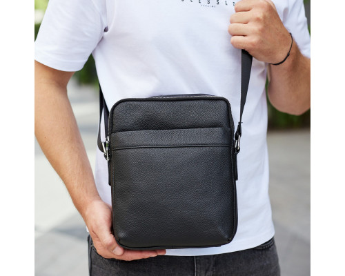 Чоловіча сумка-месенджер з двома відділеннями 21x26x7, шкіряний гаманець Tiding Bag 7459 чорного кольору
