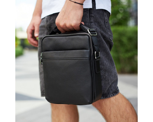 Чоловіча сумка-месенджер з двома відділеннями 21x26x7, шкіряний гаманець Tiding Bag 7459 чорного кольору