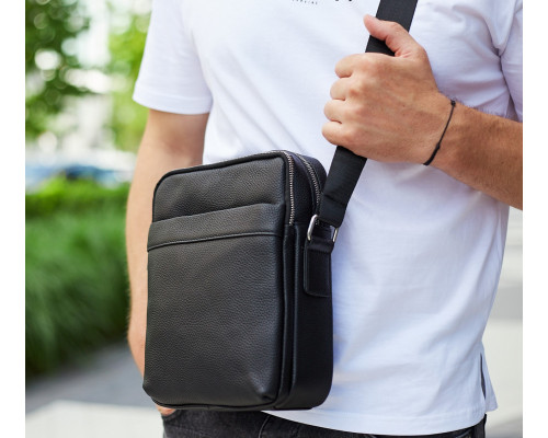 Чоловіча сумка-месенджер з двома відділеннями 21x26x7, шкіряний гаманець Tiding Bag 7459 чорного кольору