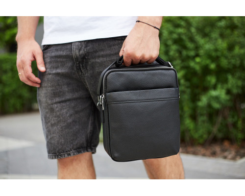 Чоловіча сумка-месенджер з двома відділеннями 21x26x7, шкіряний гаманець Tiding Bag 7459 чорного кольору