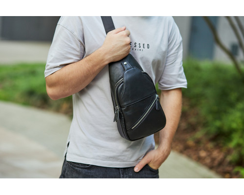 Чоловіча містка бананка 18х32х7, сумка шкіряна рюкзак для прогулянок Tiding Bag 7579 чорна