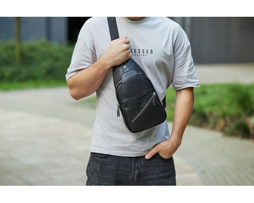 Чоловіча містка бананка 18х32х7, сумка шкіряна рюкзак для прогулянок Tiding Bag 7579 чорна