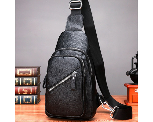 Чоловічий слінг через плече 18х32х7, шкіряна бананка нагрудна, сумка рюкзак Tiding Bag 33737 чорна