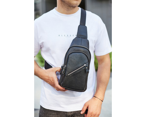 Чоловічий слінг через плече 18х32х7, шкіряна бананка нагрудна, сумка рюкзак Tiding Bag 33737 чорна