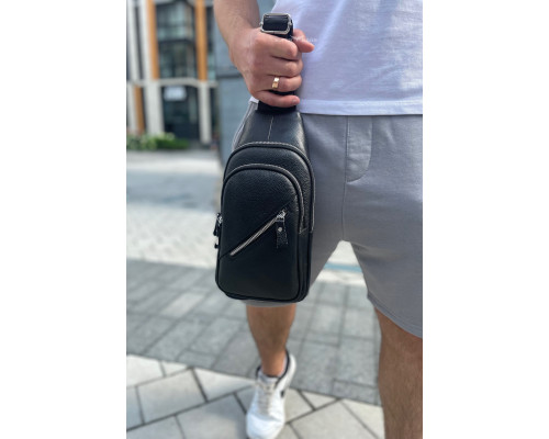 Чоловічий слінг через плече 18х32х7, шкіряна бананка нагрудна, сумка рюкзак Tiding Bag 33737 чорна