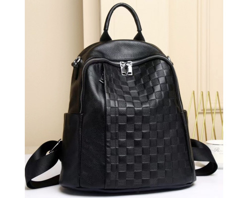 Шкіряний жіночий рюкзак з тисненням 25х30х11, сумка наплічна з шахматним візерунком, чорна
