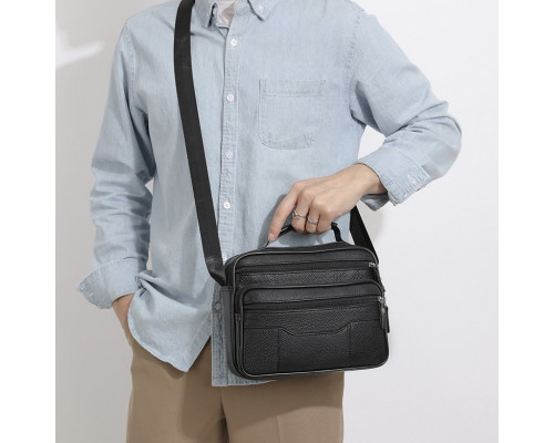 Чоловіча шкіряна сумка-барсетка 23х19х7, месенджер із ручкою та ременем через плече BX-10041 чорний