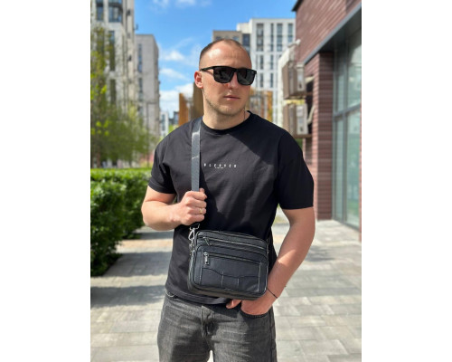 Чоловіча шкіряна сумка-барсетка 23х19х7, месенджер із ручкою та ременем через плече BX-10041 чорний