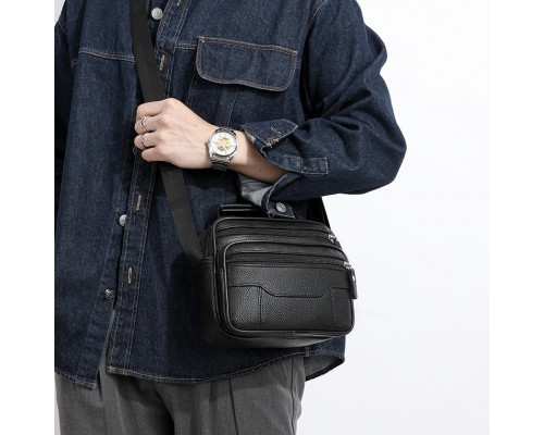 Чоловіча шкіряна сумка-барсетка 23х19х7, месенджер із ручкою та ременем через плече BX-10041 чорний