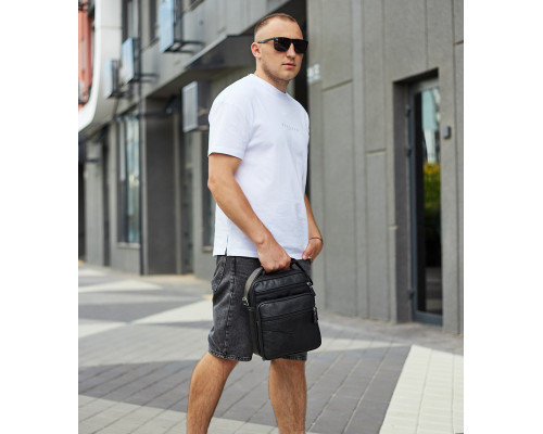Чоловіча барсетка через плече 26х20.5х8 / месенджер наплічний з натуральної шкіри, чорний