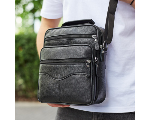 Чоловіча барсетка через плече 26х20.5х8 / месенджер наплічний з натуральної шкіри, чорний