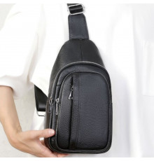 Чоловіча шкіряна сумка-бананка на одне плече 18х32х7, рюкзак слінг для телефону та дрібниці TIDING BAG 83228 чорний