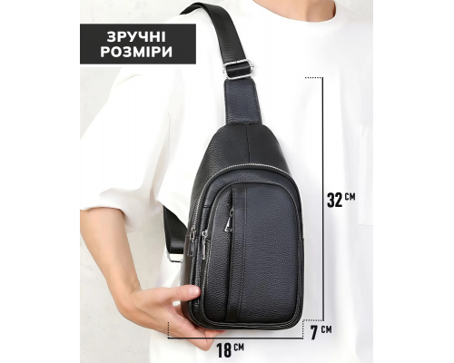 Чоловіча шкіряна сумка-бананка на одне плече 18х32х7, рюкзак слінг для телефону та дрібниці TIDING BAG 83228 чорний