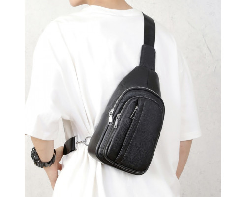 Чоловіча шкіряна сумка-бананка на одне плече 18х32х7, рюкзак слінг для телефону та дрібниці TIDING BAG 83228 чорний