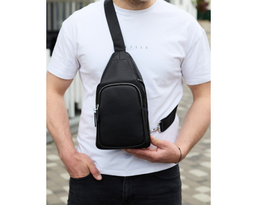 Чоловіча сумка з натуральної шкіри 18х31х7, бананка через плече Tiding Bag 34091 чорна