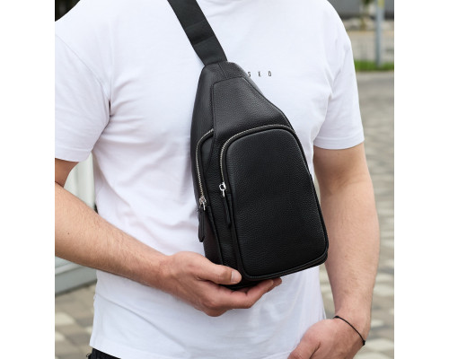 Чоловіча сумка з натуральної шкіри 18х31х7, бананка через плече Tiding Bag 34091 чорна