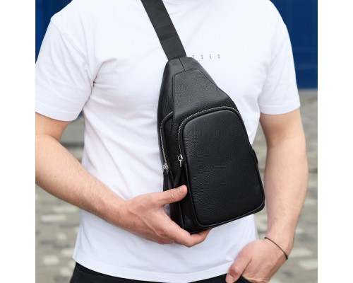 Чоловіча сумка з натуральної шкіри 18х31х7, бананка через плече Tiding Bag 34091 чорна