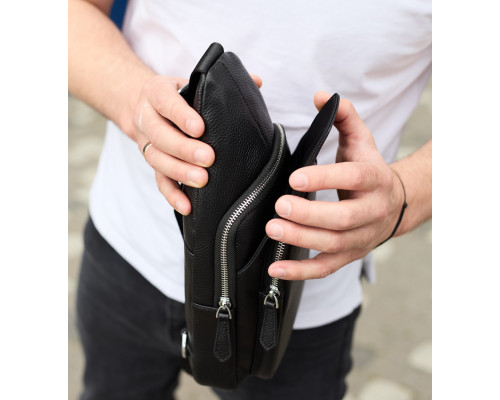 Чоловіча сумка з натуральної шкіри 18х31х7, бананка через плече Tiding Bag 34091 чорна