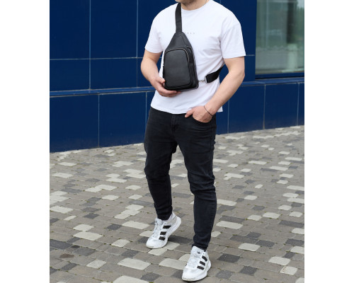 Чоловіча сумка з натуральної шкіри 18х31х7, бананка через плече Tiding Bag 34091 чорна