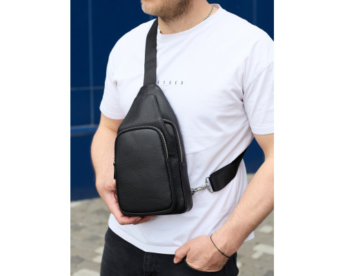 Чоловіча сумка з натуральної шкіри 18х31х7, бананка через плече Tiding Bag 34091 чорна
