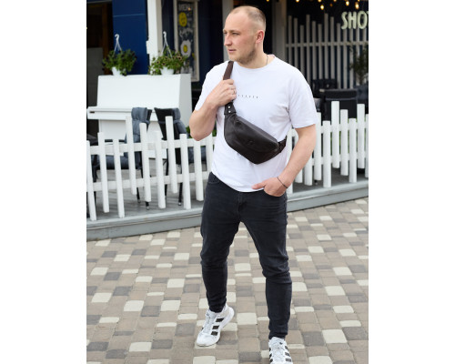 Чоловічий шкіряний рюкзак нагрудний для телефону 14х29х8, сумка бананка для міста та відпочинку 70101 чорна