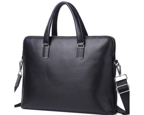 Шкіряна чоловіча ділова сумка-портфель портфель для ноутбука 37х28.5х7, дипломат для офіса Tiding Bag 64028 чорний