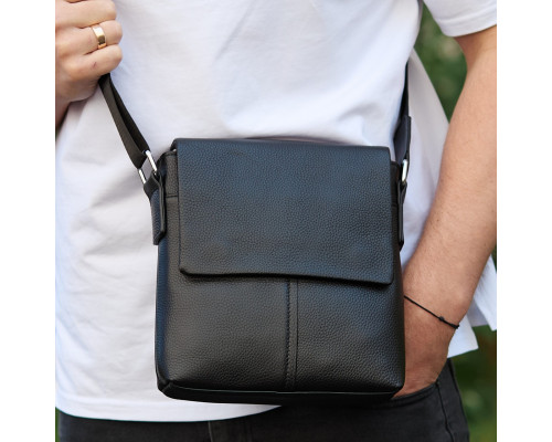 Шкіряна чоловіча сумка-месенджер 21х23х5.5, сумка планшет через плече Tiding Bag 48450 чорна