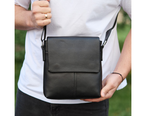 Шкіряна чоловіча сумка-месенджер 21х23х5.5, сумка планшет через плече Tiding Bag 48450 чорна