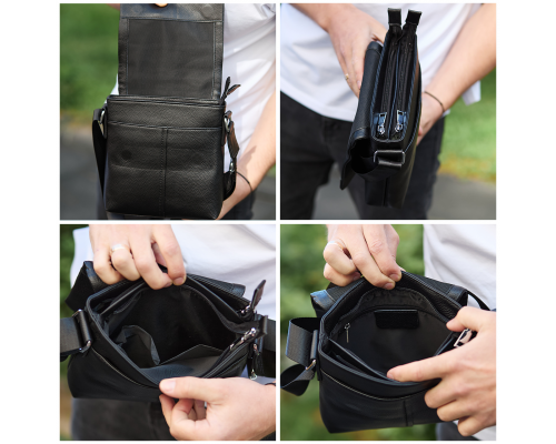 Шкіряна чоловіча сумка-месенджер 21х23х5.5, сумка планшет через плече Tiding Bag 48450 чорна