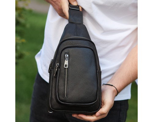 Сумка слінг чоловіча через плече 19х31х7, нагрудна сумочка рюкзак з натуральної шкіри TIDING BAG 32545 чорна