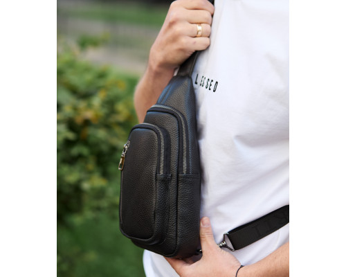 Сумка слінг чоловіча через плече 19х31х7, нагрудна сумочка рюкзак з натуральної шкіри TIDING BAG 32545 чорна