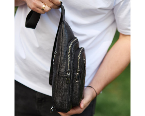 Сумка слінг чоловіча через плече 19х31х7, нагрудна сумочка рюкзак з натуральної шкіри TIDING BAG 32545 чорна