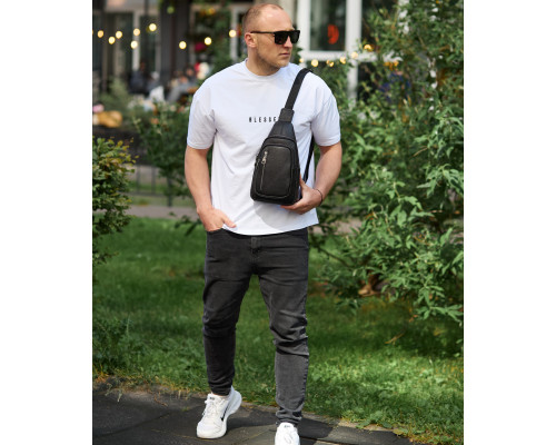 Сумка слінг чоловіча через плече 19х31х7, нагрудна сумочка рюкзак з натуральної шкіри TIDING BAG 32545 чорна